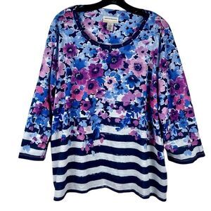 Alfred Dunner Picture Perfect Somen's Flowers and Stripes Knit Top 2X